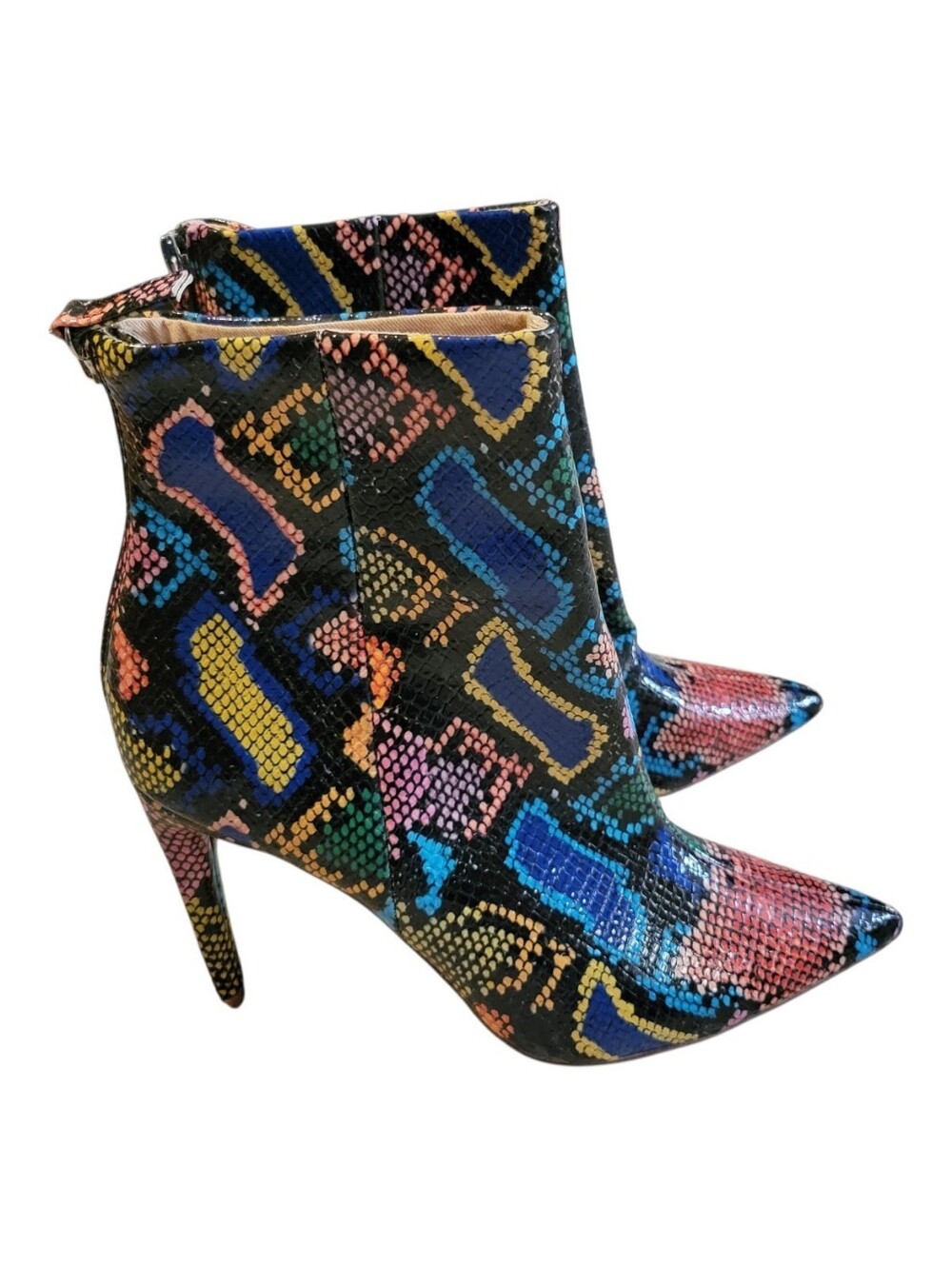 Steve Madden Helena Multicolor Snakeskin Pointed Toe Stiletto Ankle Boots Size 8